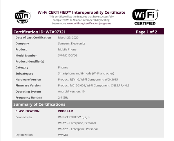 三星Galaxy M01取得WiFi聯盟認證